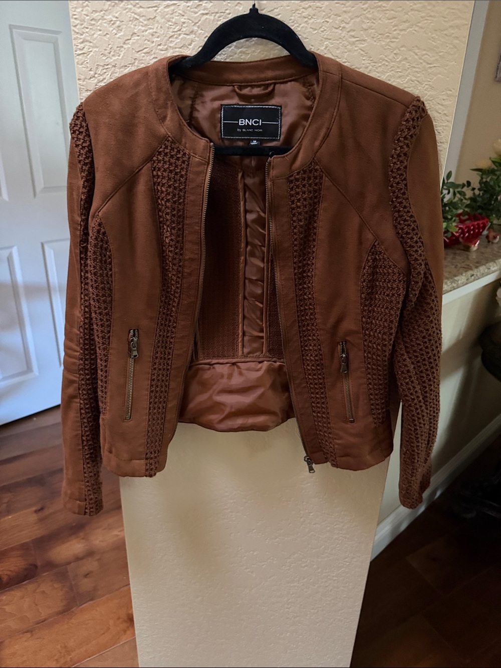 blanc noir Rust Knit-Trim Leather Jacket
